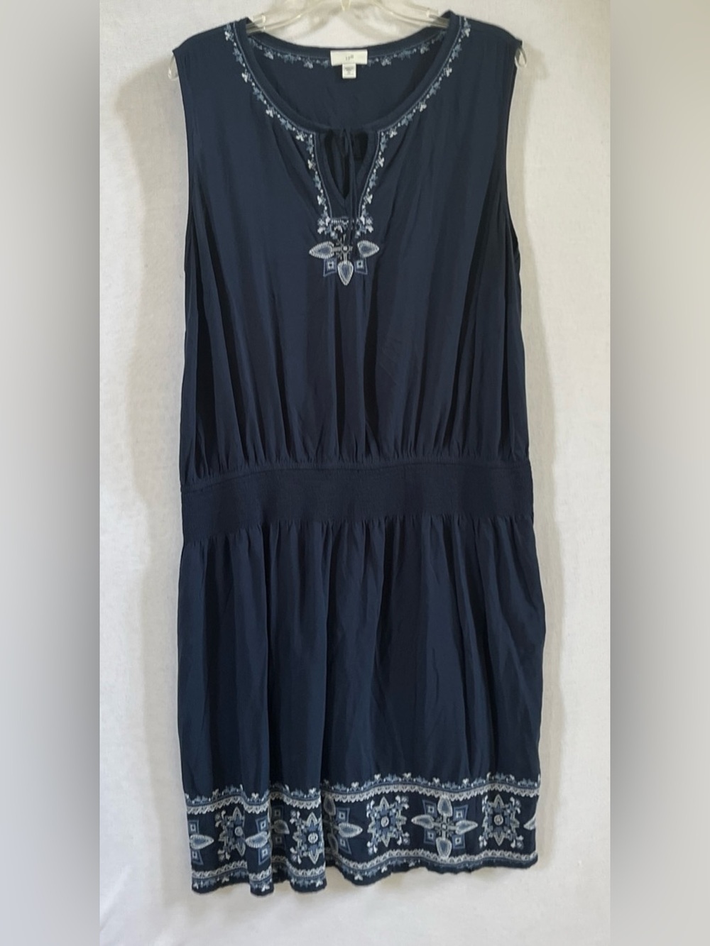 J.Jill Womens Navy Blue 2X Embroidered Sleeveless Dress Drop Waist Boho Resort